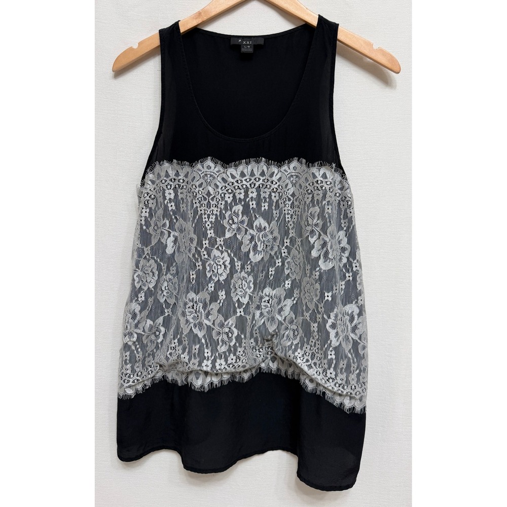 XXI Women's Tank Top Black Silk White Floral Lace Overlay Romantic Boho L